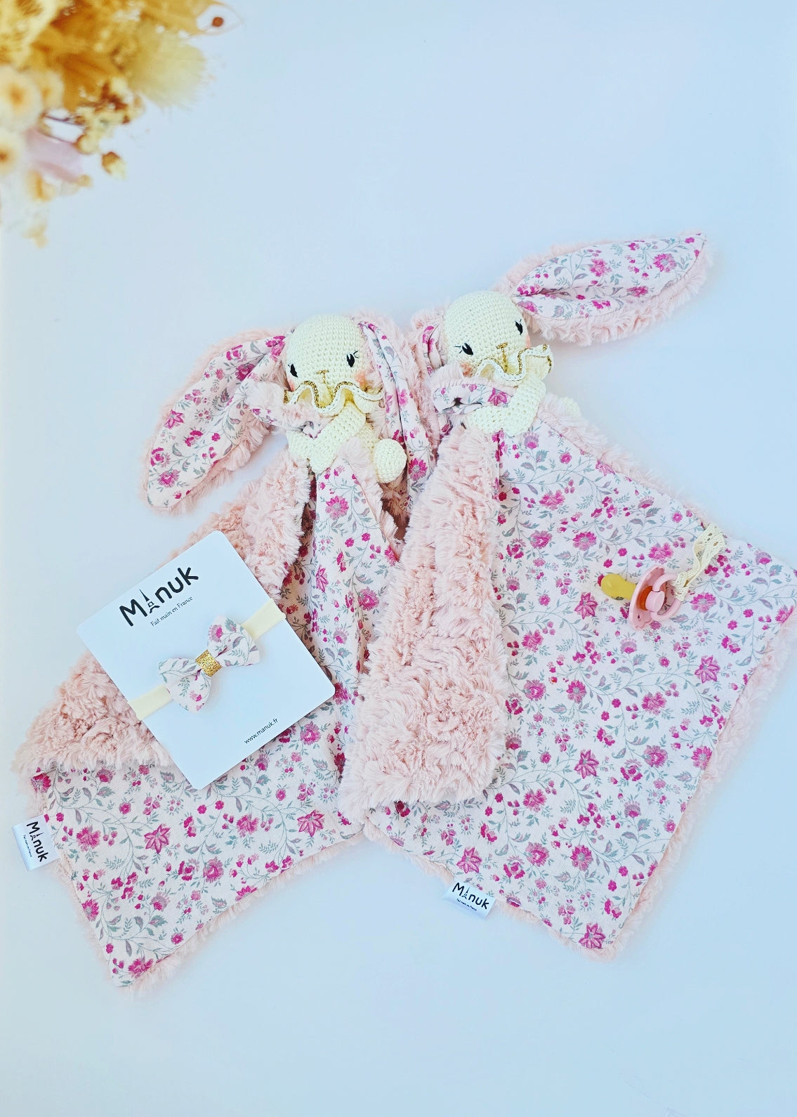 Coffret Naissance Personnalisé, Doudou Attache tétine Lapin, Nœud cheveux