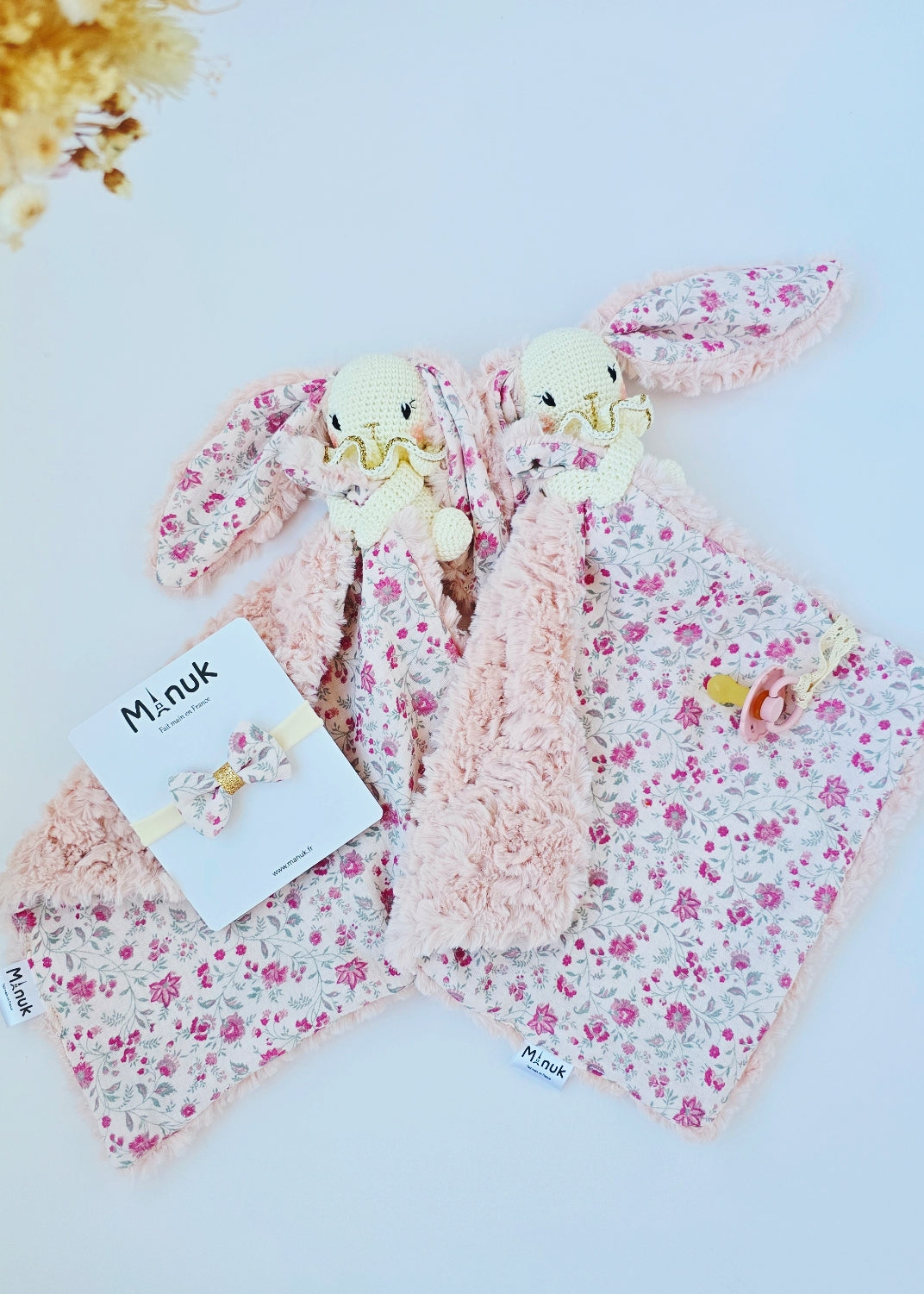 Coffret Naissance Personnalisé, Doudou Attache tétine Lapin, Nœud cheveux