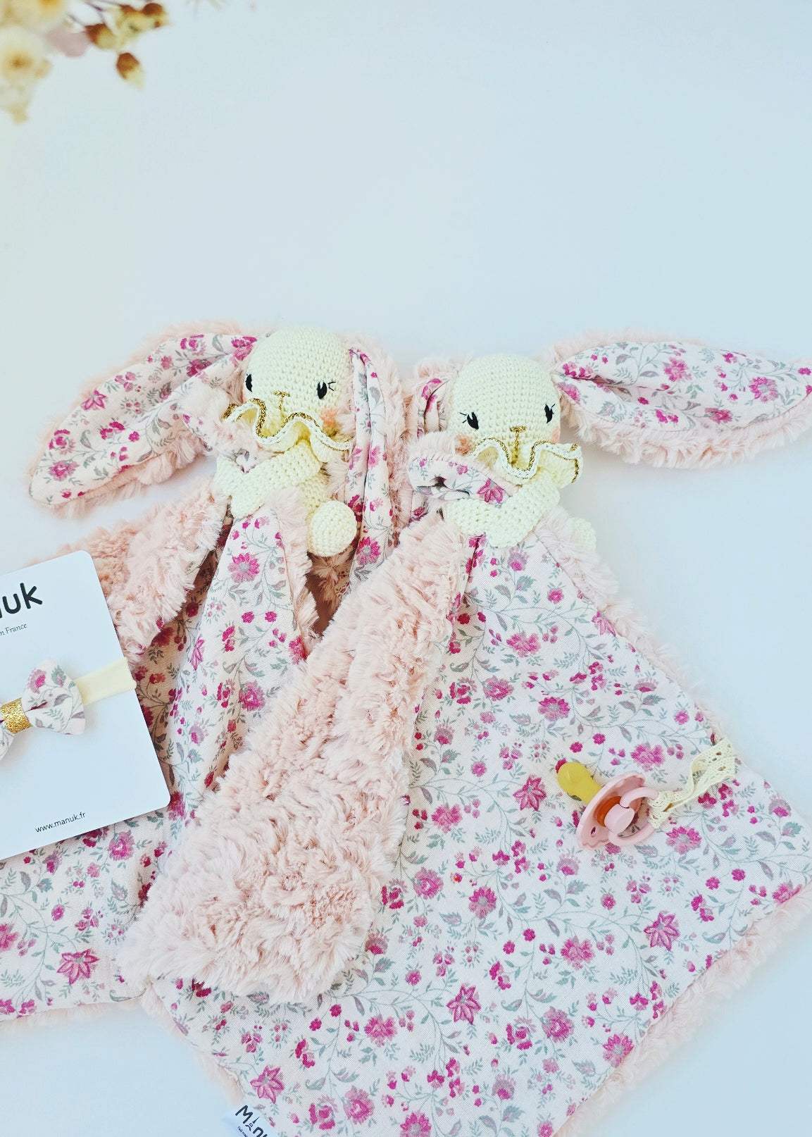 Coffret Naissance Personnalisé, Doudou Attache tétine Lapin, Nœud cheveux