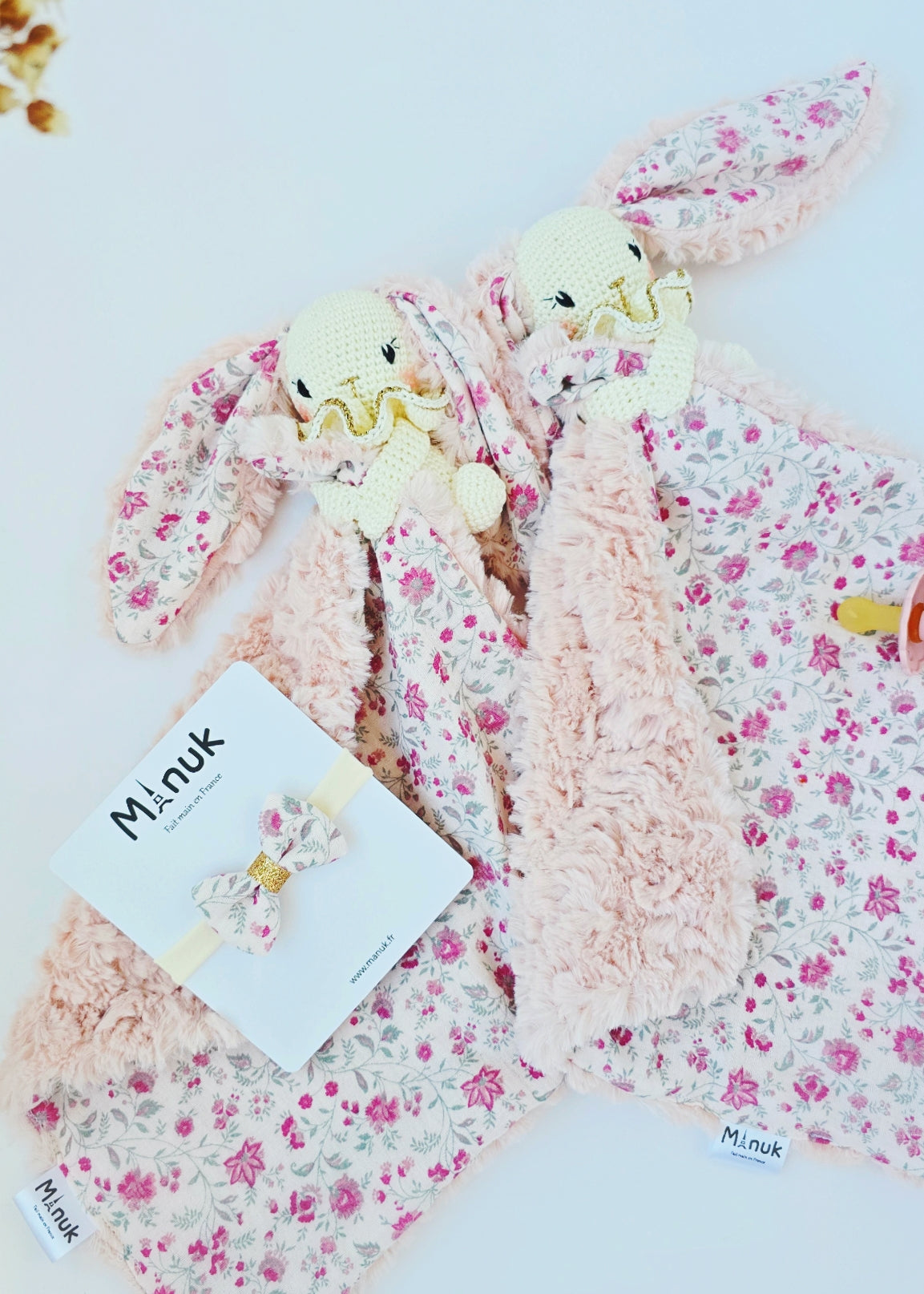 Coffret Naissance Personnalisé, Doudou Attache tétine Lapin, Nœud cheveux