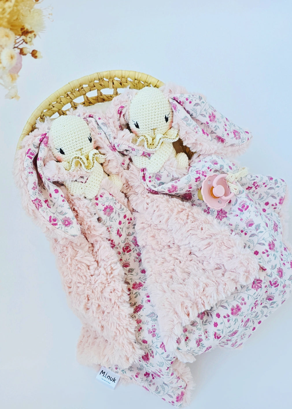 Coffret Naissance Personnalisé, Doudou Attache tétine Lapin, Nœud cheveux