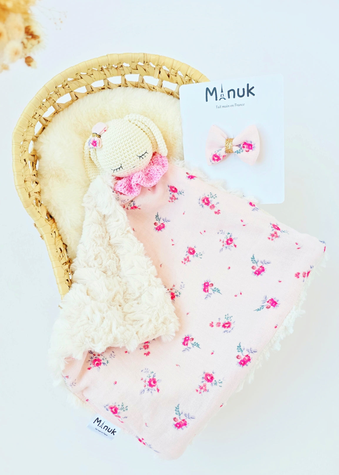 Coffret Doudou Lapin Fleurs Roses Barrette cheveux
