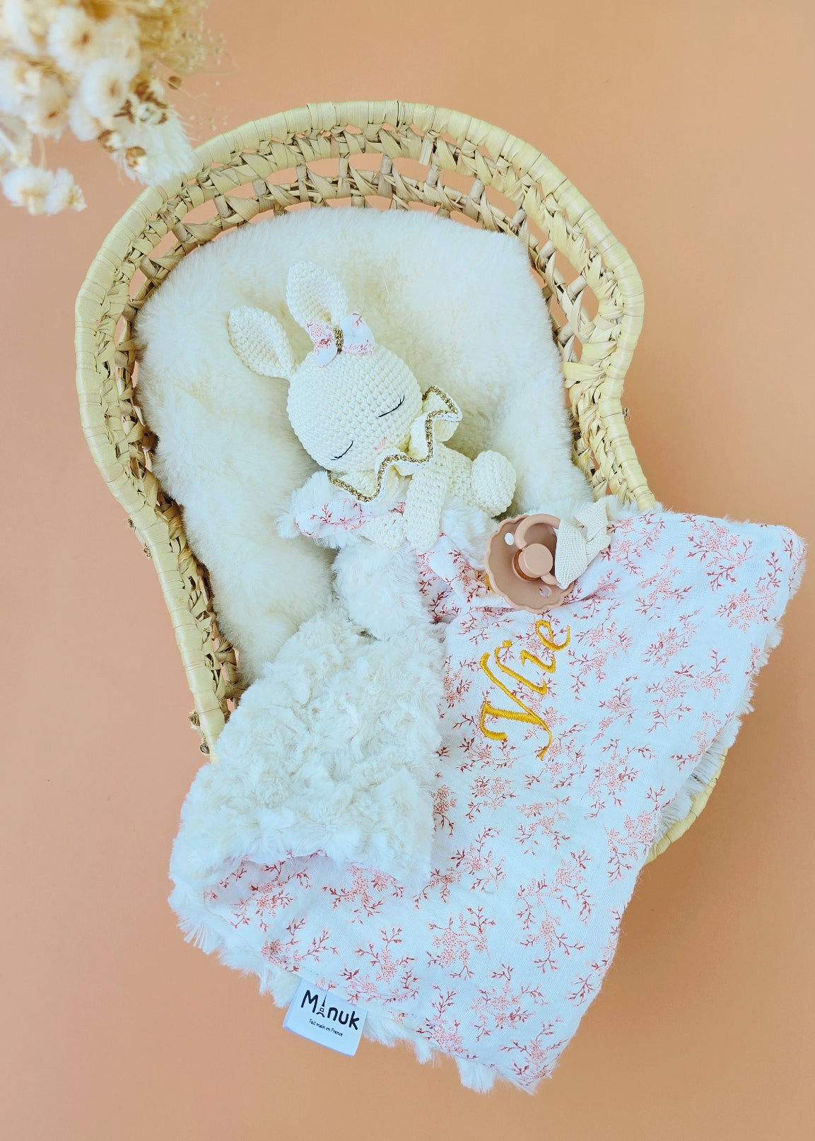 Doudou Lapin Personnalisé Fleurie Pèche