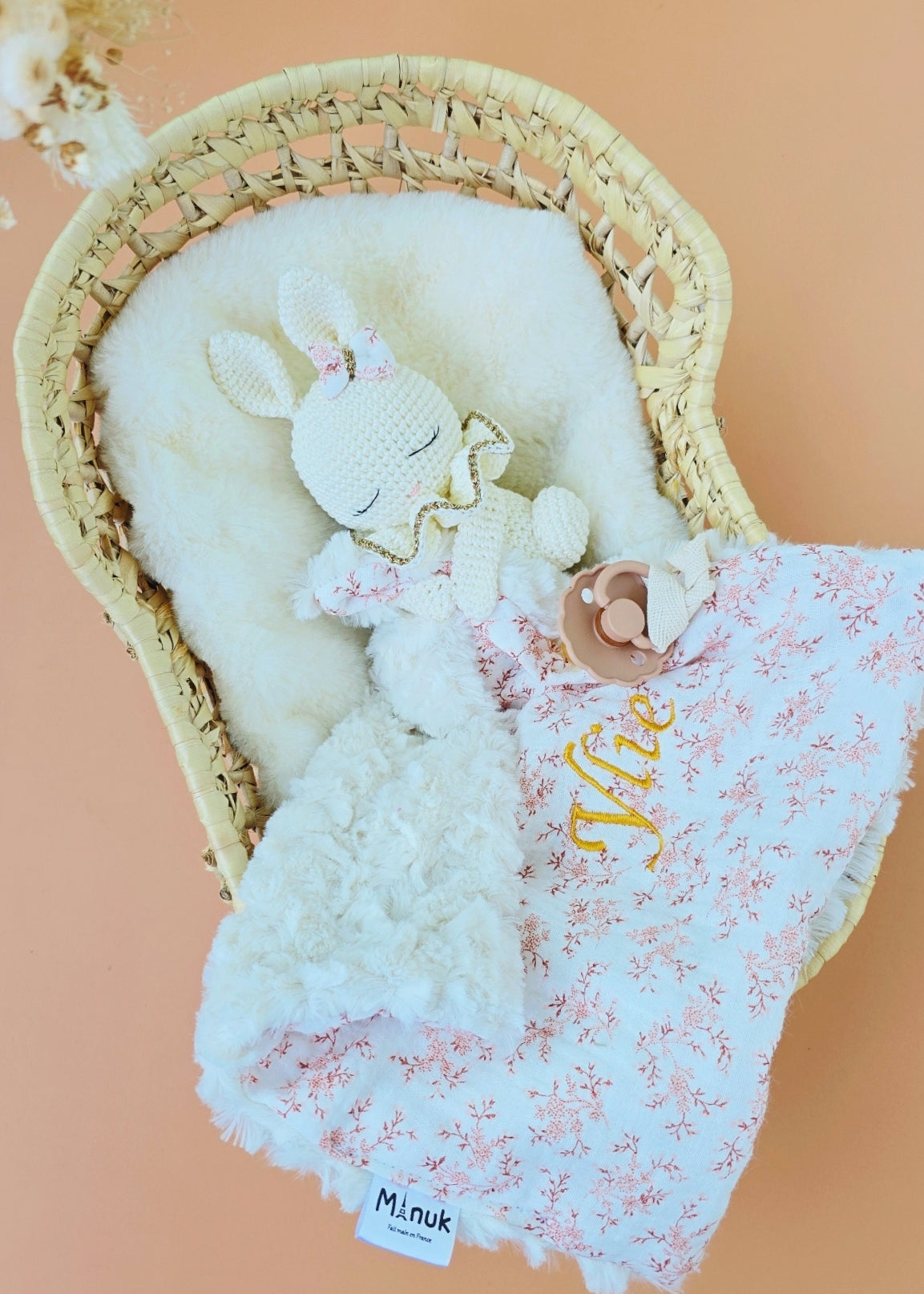 Doudou Lapin Personnalisé Fleurie Pèche