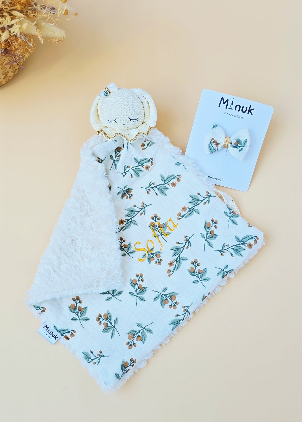 Coffret Naissance Doudou Lapin Personnalisé Automne Barrette cheveux