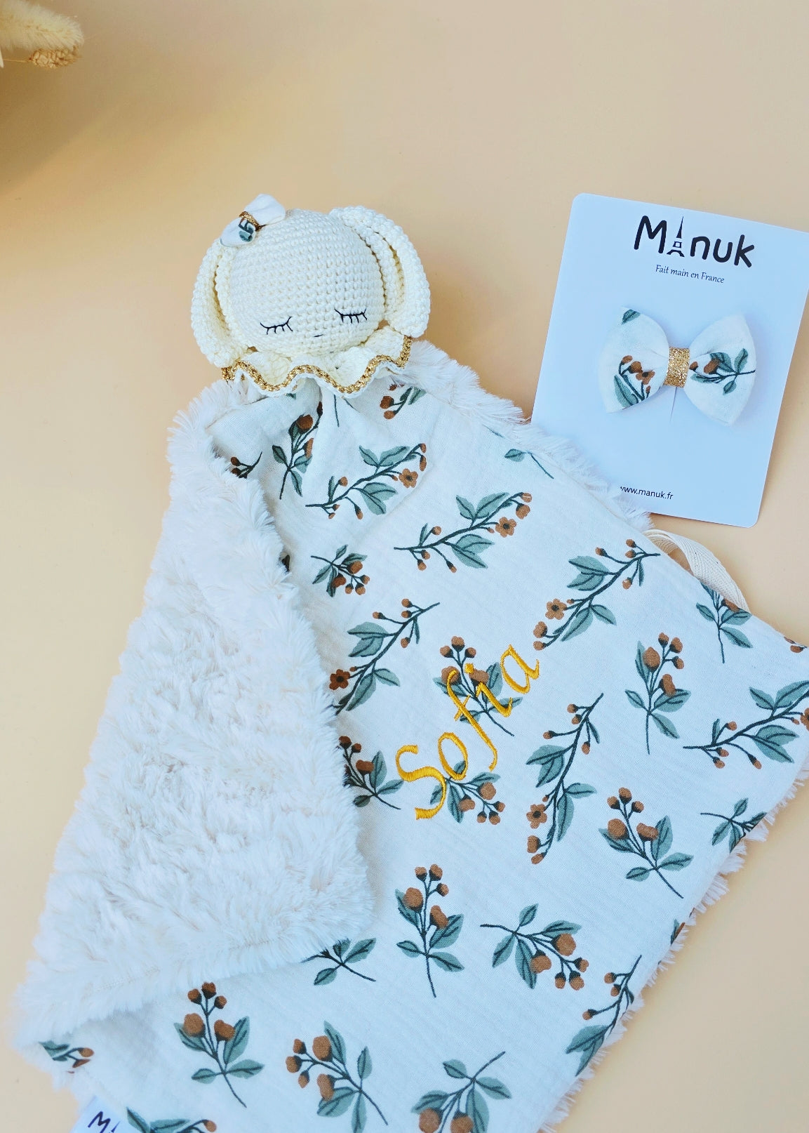 Coffret Naissance Doudou Lapin Personnalisé Automne Barrette cheveux