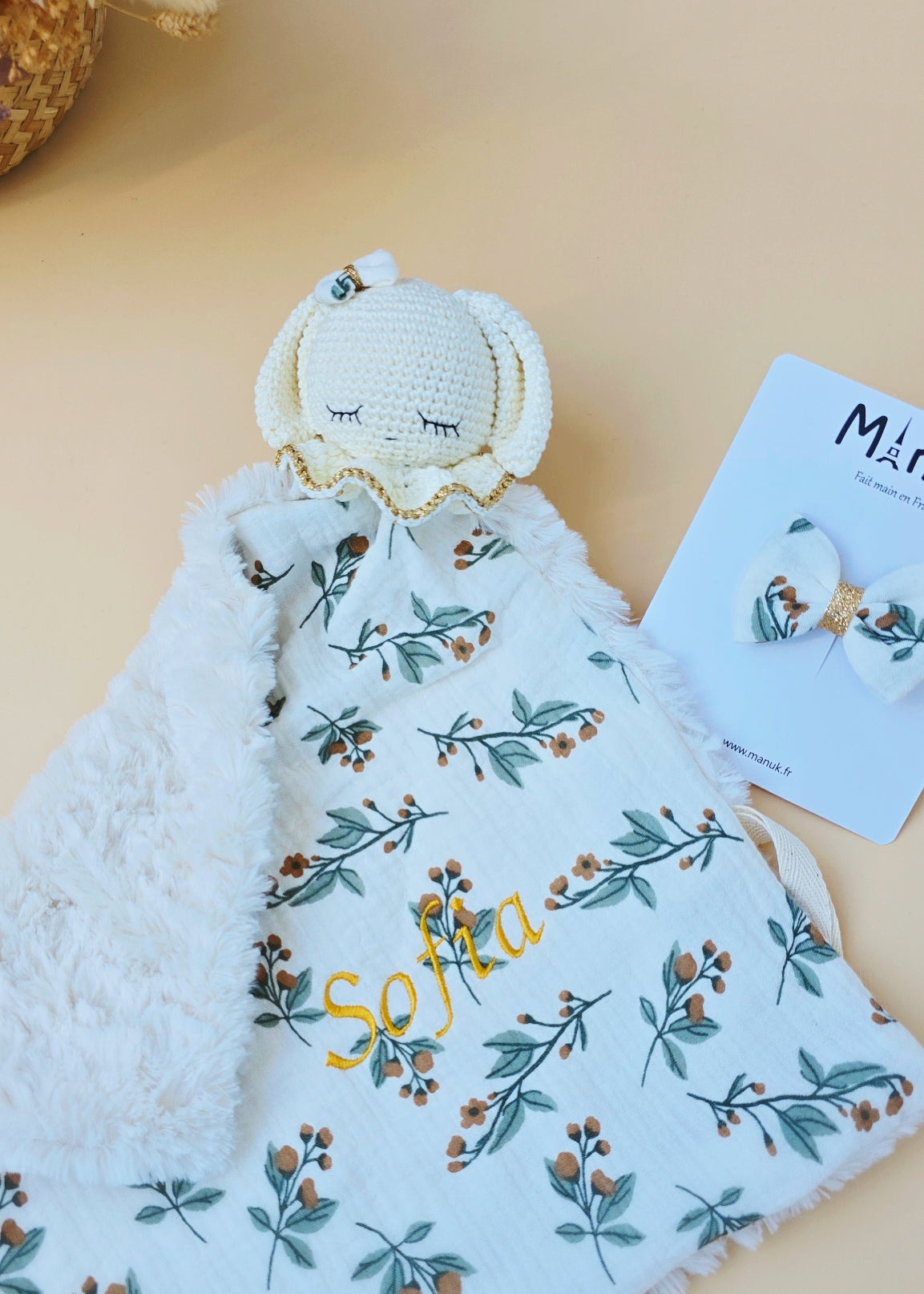 Coffret Naissance Doudou Lapin Personnalisé Automne Barrette cheveux