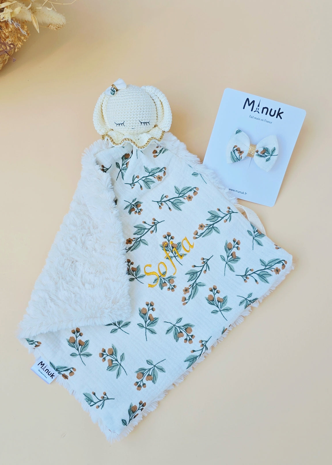 Coffret Naissance Doudou Lapin Personnalisé Automne Barrette cheveux