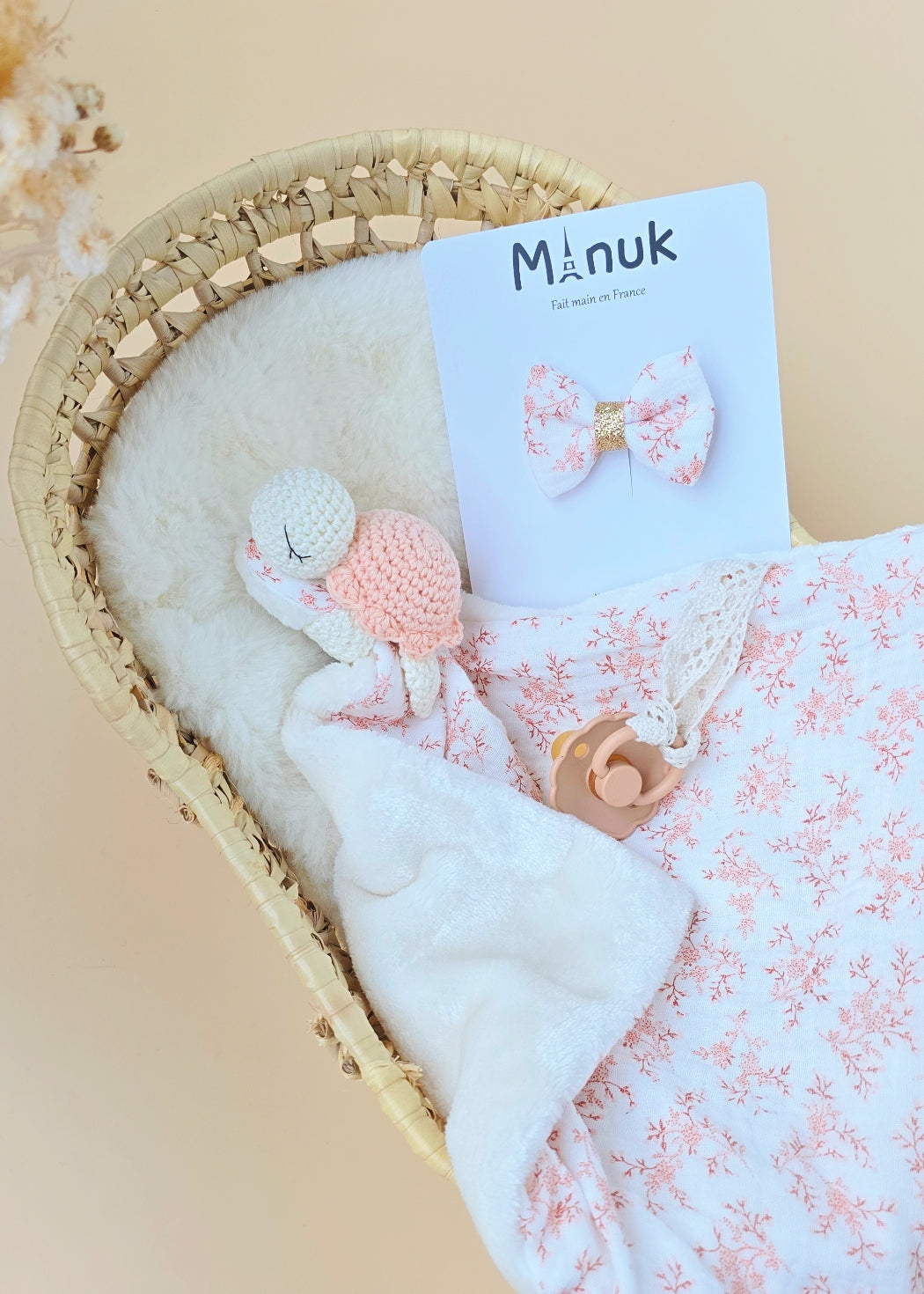 Doudou tortue attache tétine, Barrette cheveux, Ensemble Cadeau Bébé