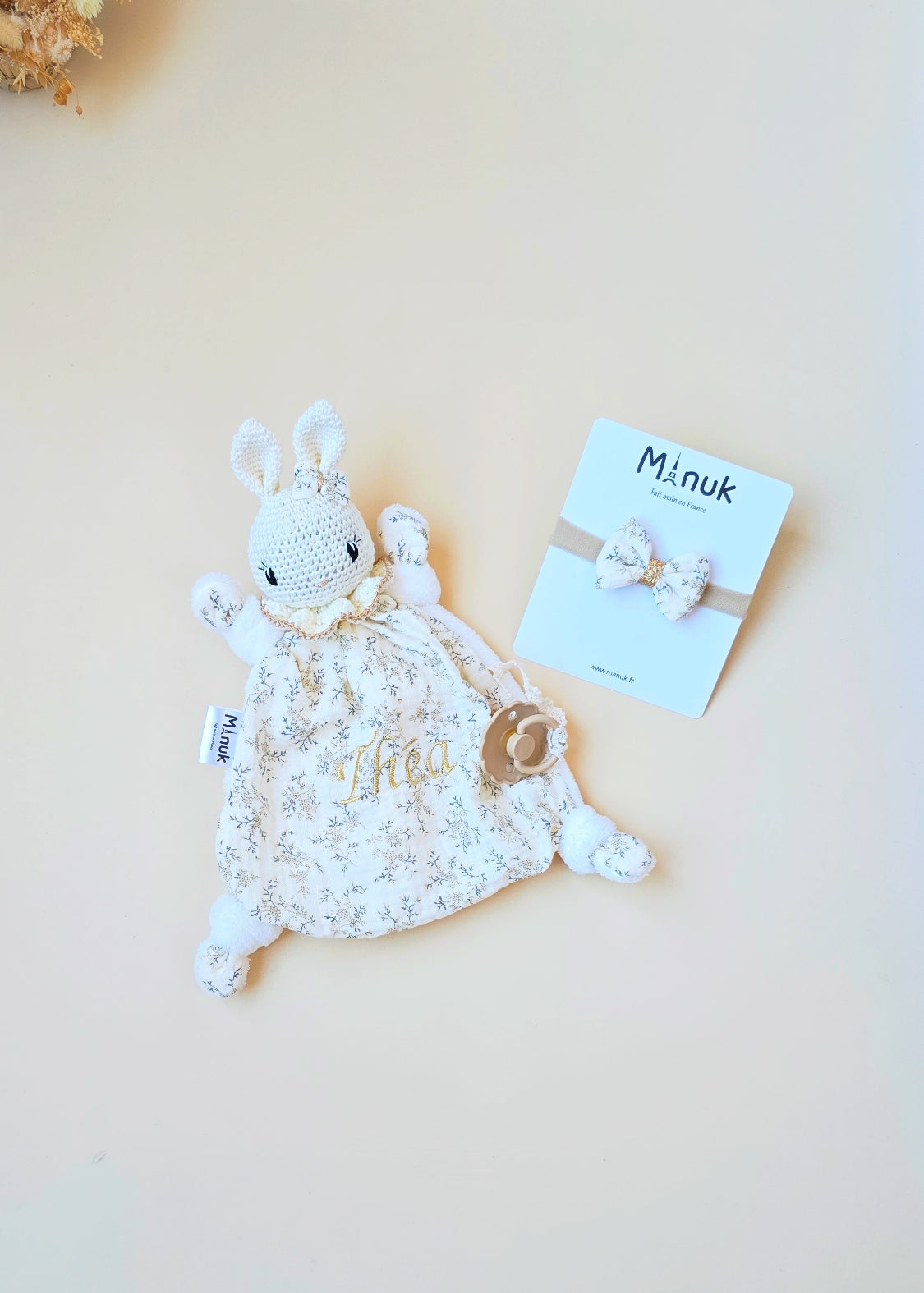 Coffret Bébé Naissance, Doudou attache tétine, Bandeau Bébé
