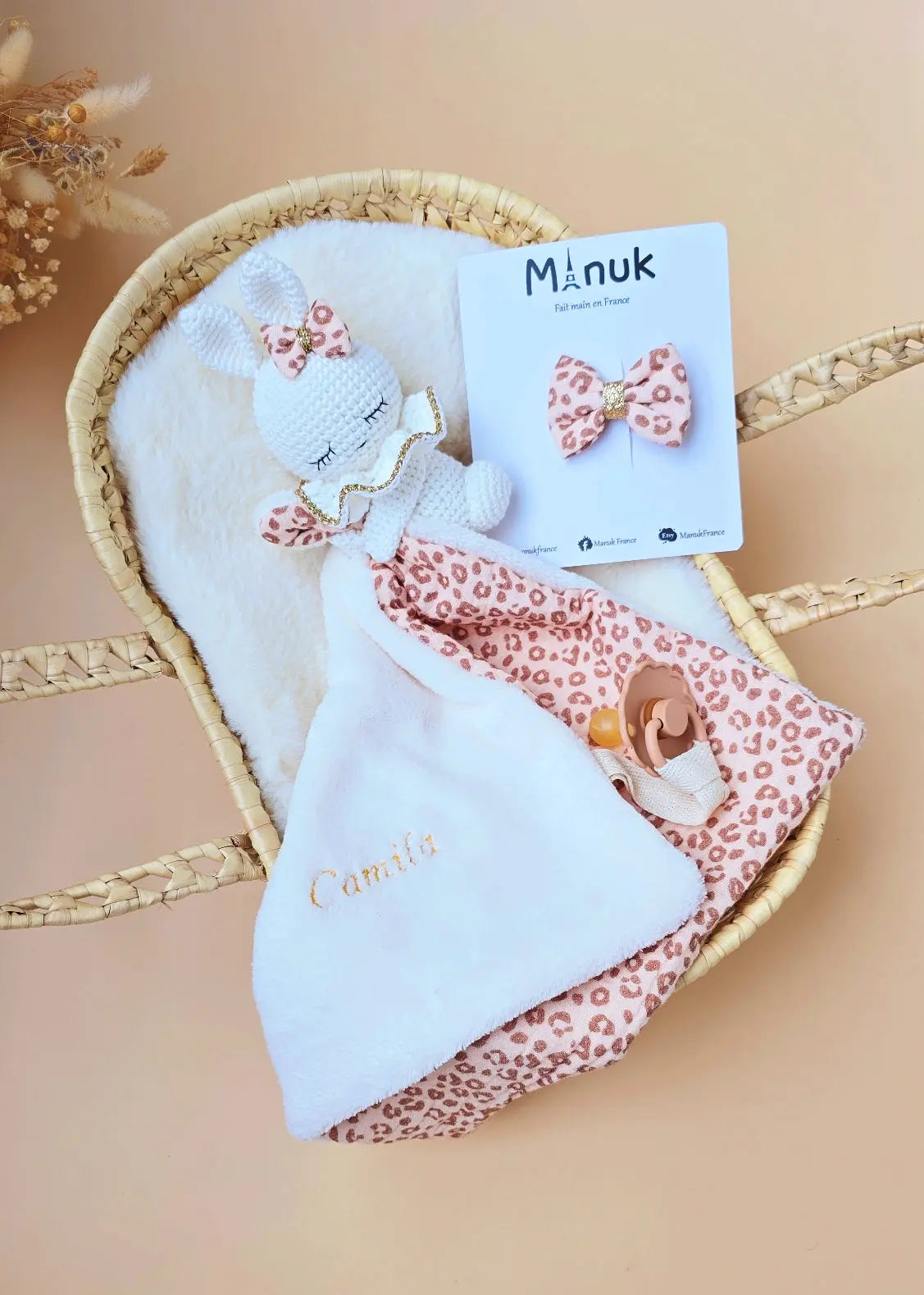 Coffret Naissance Doudou Lapinou Barrette cheveux MANUK FRANCE