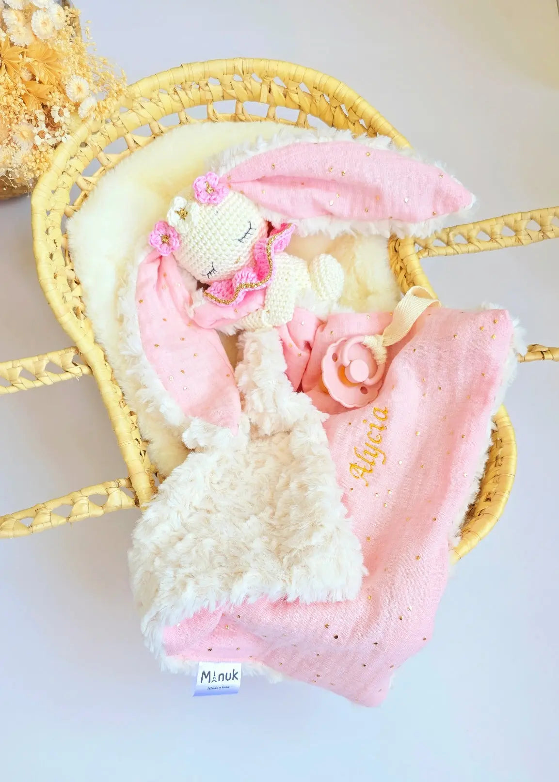 Doudou Lapin Personnalisé Doudou-attache tétine MANUK FRANCE