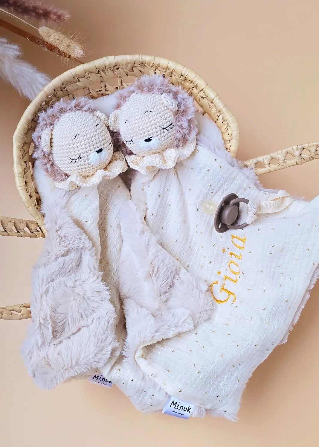 Doudou attache tétine Lion Personnalisé MANUK FRANCE