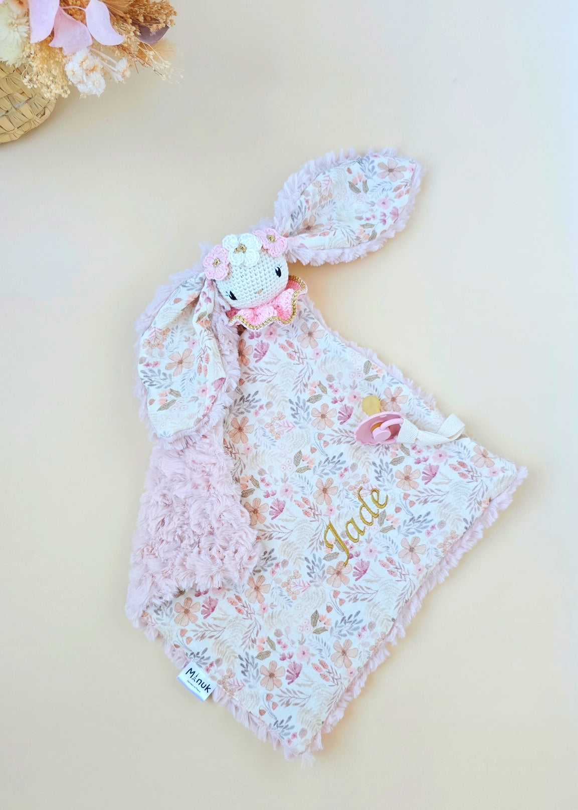 Doudou lapin à couronne fleurie personnalisé