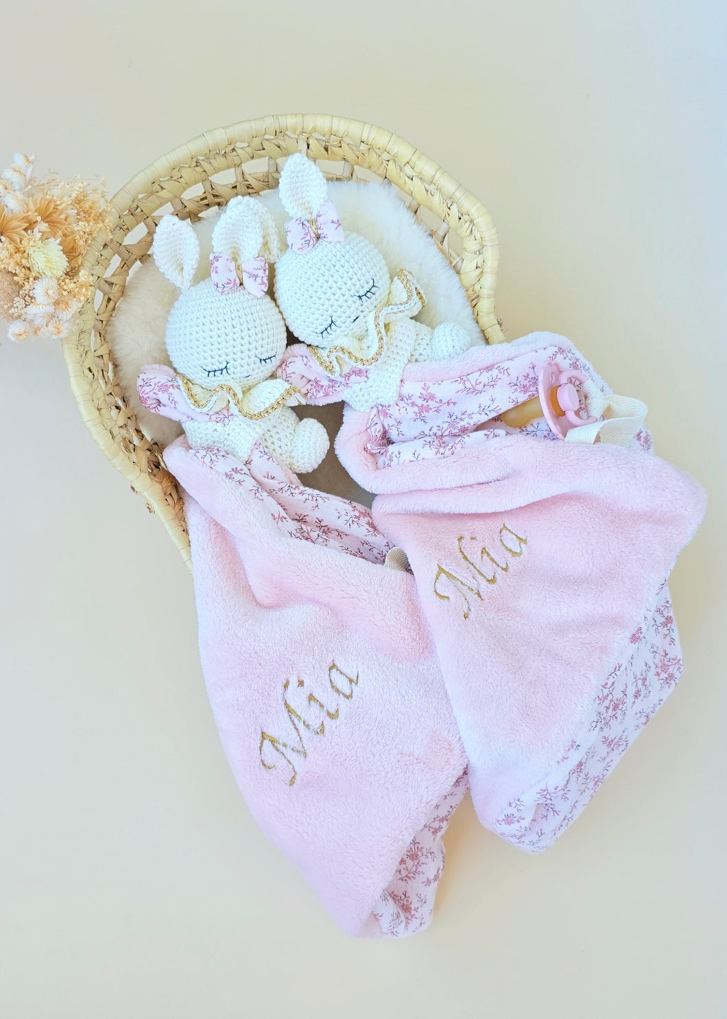 Doudou coniglietto floreale personalizzato, color pesca