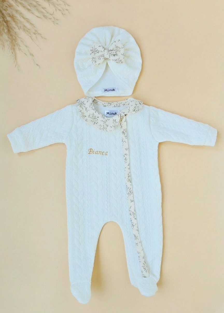 Ensemble Naissance Pyjama Personnalisé col Claudine Turban bébé fille