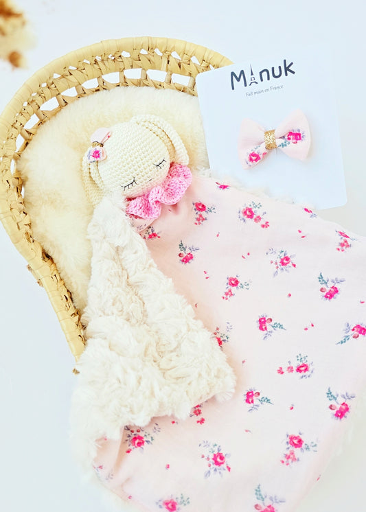 Coffret Doudou Lapin Fleurs Roses Barrette cheveux