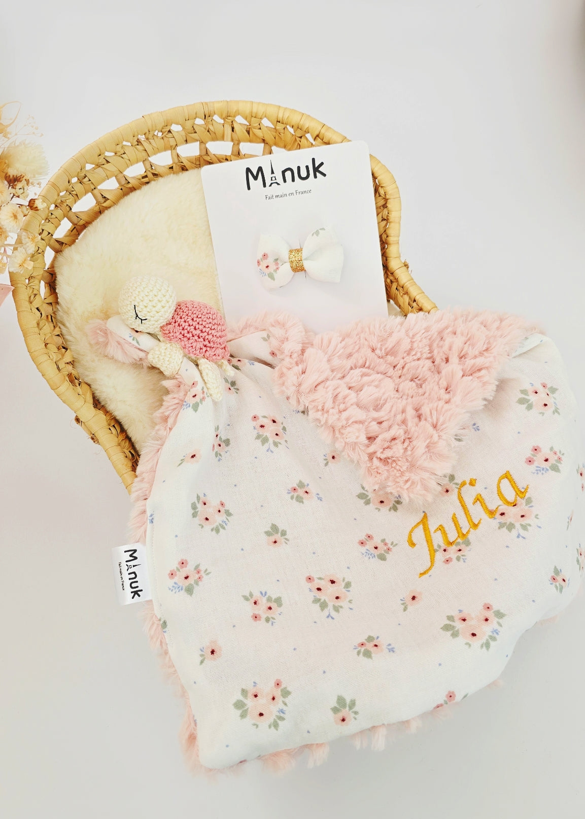 Coffret naissance Doudou tortue Fleuri Rose Barrette cheveux