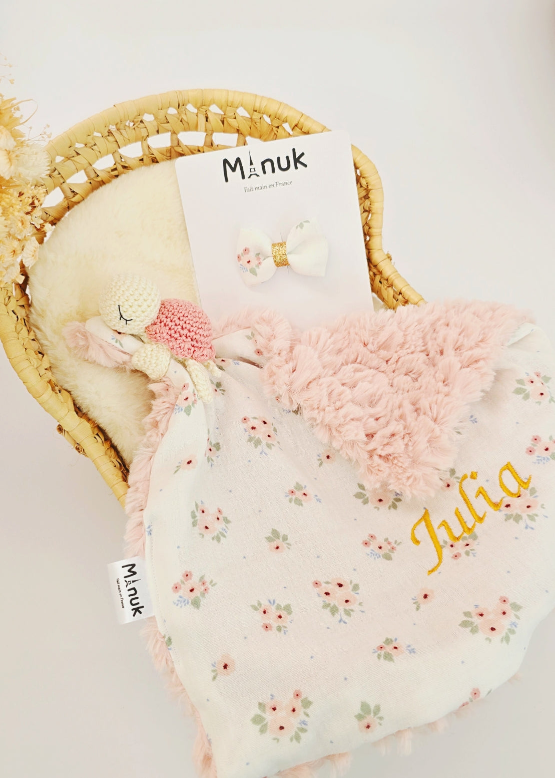 Coffret naissance Doudou tortue Fleuri Rose Barrette cheveux