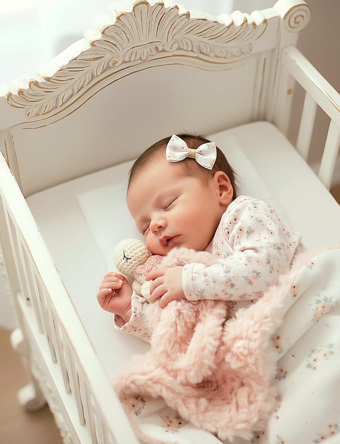 Coffret naissance Doudou tortue Fleuri Rose Barrette cheveux