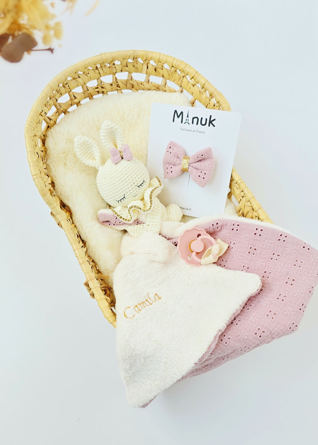 Doudou Attache tétine Lapin Violet Personnalisé Barrette cheveux Coffret Naissance