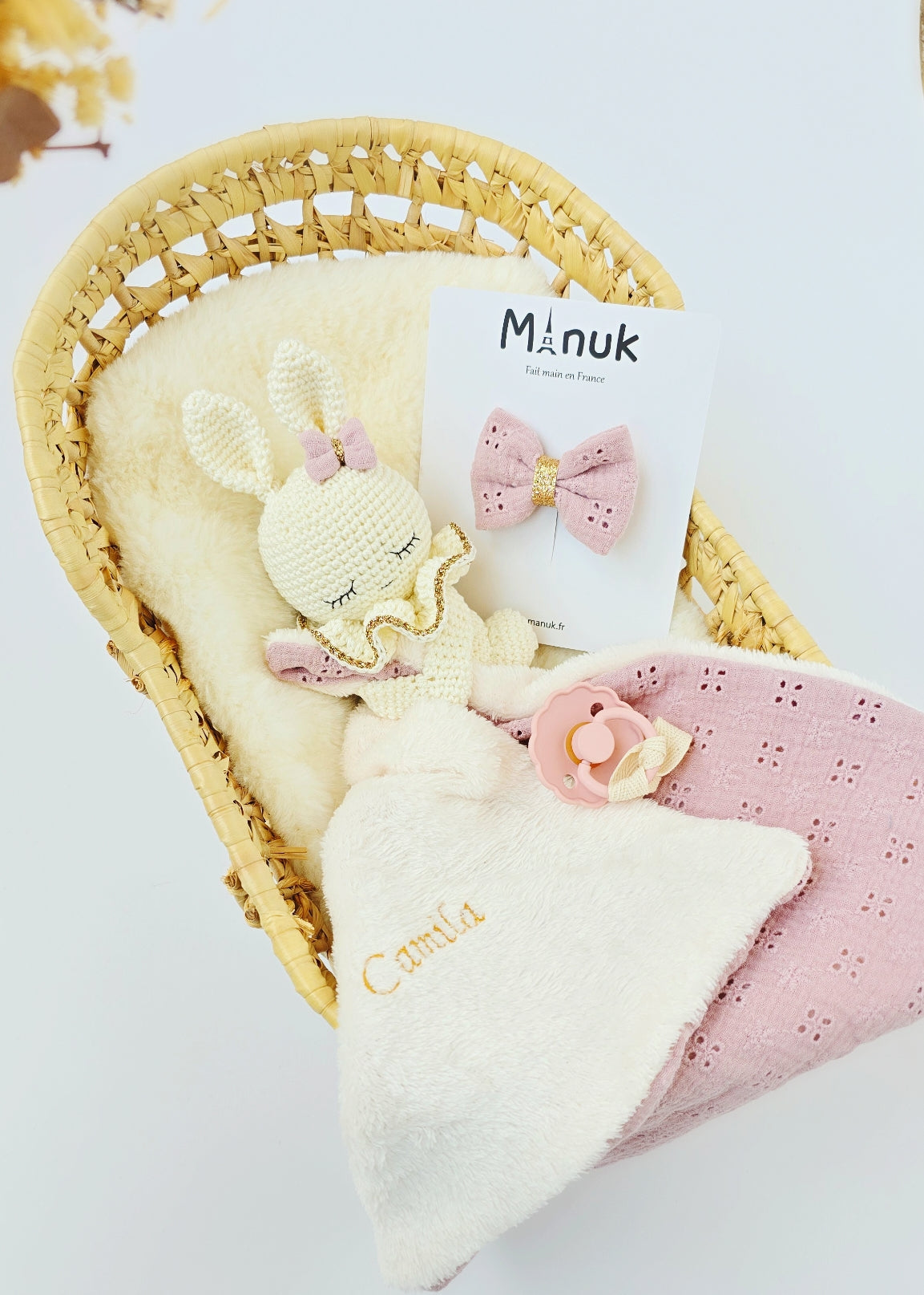 Doudou Attache tétine Lapin Violet Personnalisé Barrette cheveux Coffret Naissance