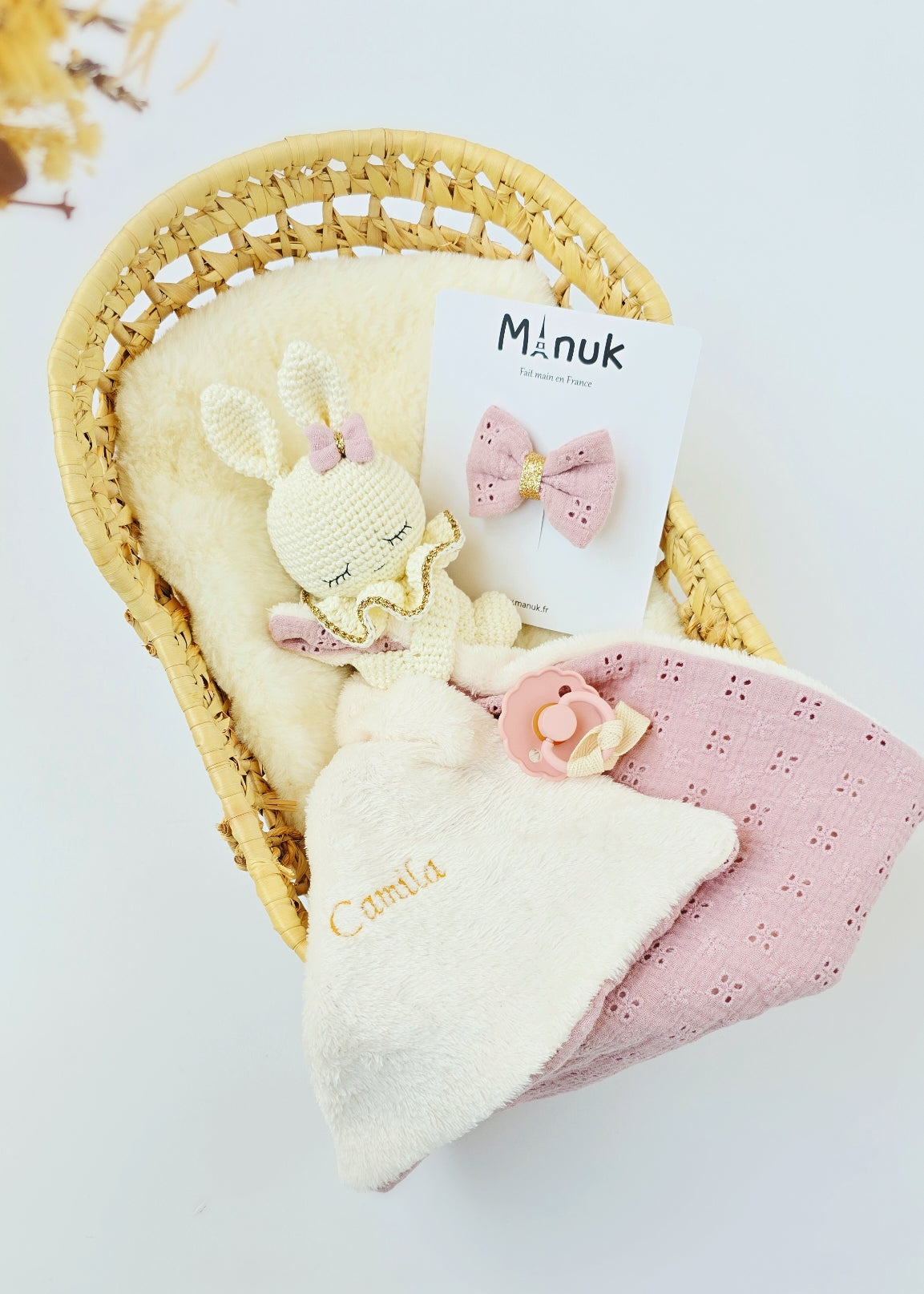 Doudou Attache tétine Lapin Violet Personnalisé Barrette cheveux Coffret Naissance