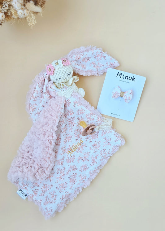 Coffret Naissance Personnalisé Doudou Attache tétine Lapin avec couronne fleurie Barrette cheveux