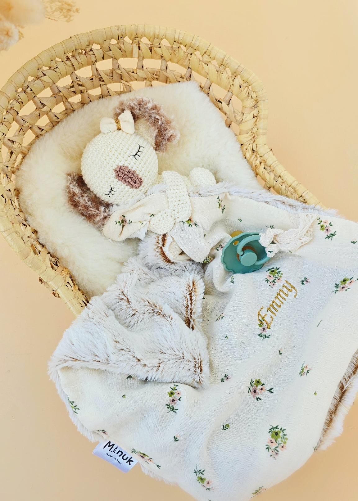Doudou Attache tétine Koala Beige fleurie Personnalisé