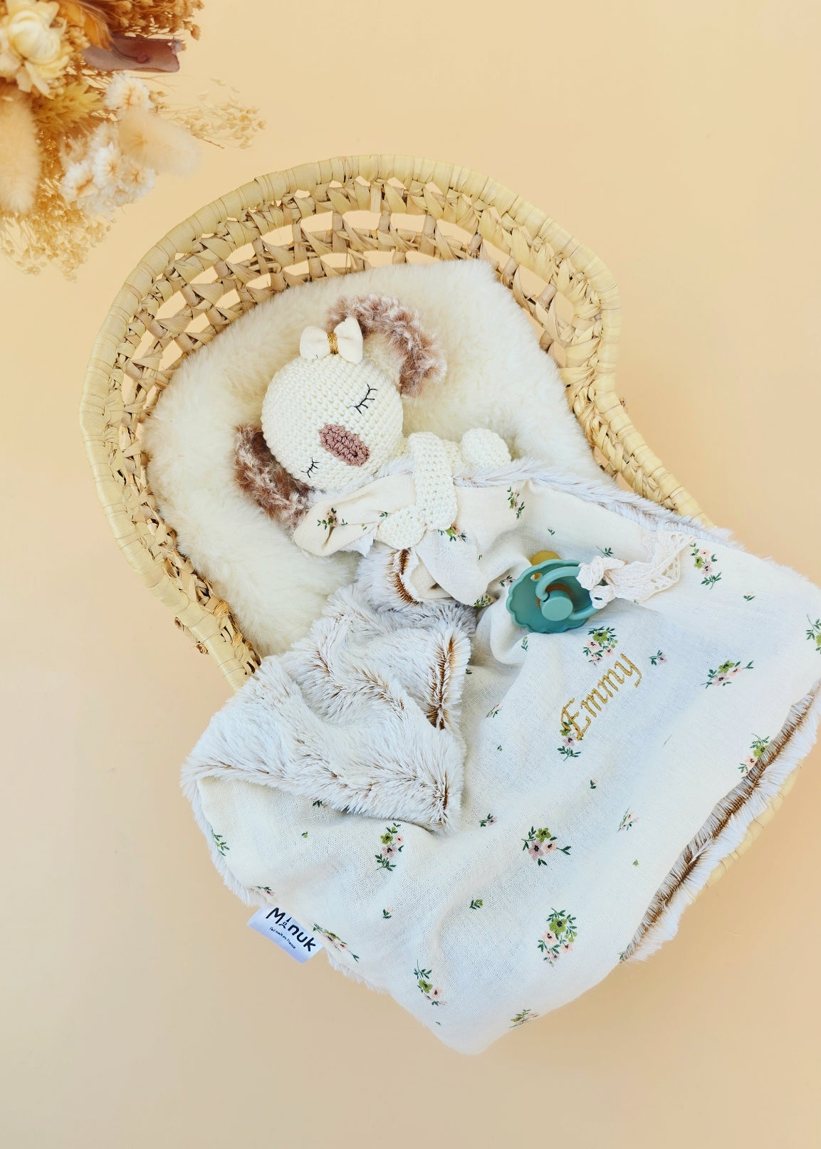 Doudou Attache tétine Koala Beige fleurie Personnalisé