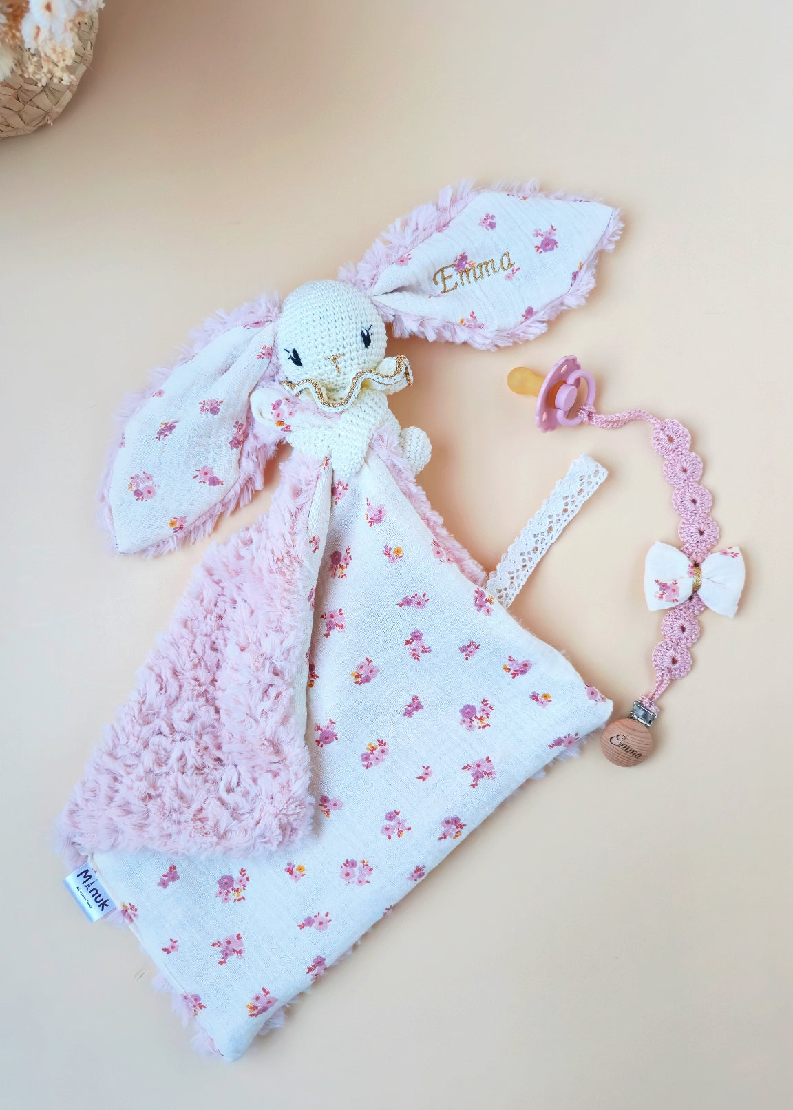 Coffret Naissance Doudou Lapin Longues oreilles Attache tétine Personnalisé
