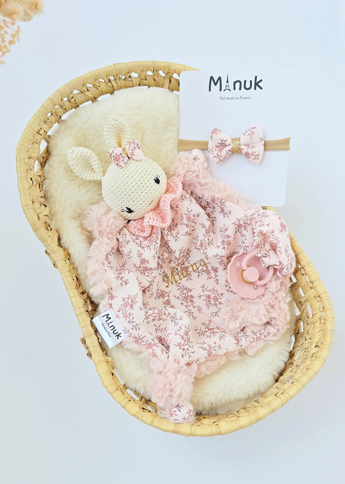 Coffret Naissance Doudou Lapin Personnalisé Doudou attache tétine Bandeau Bébé