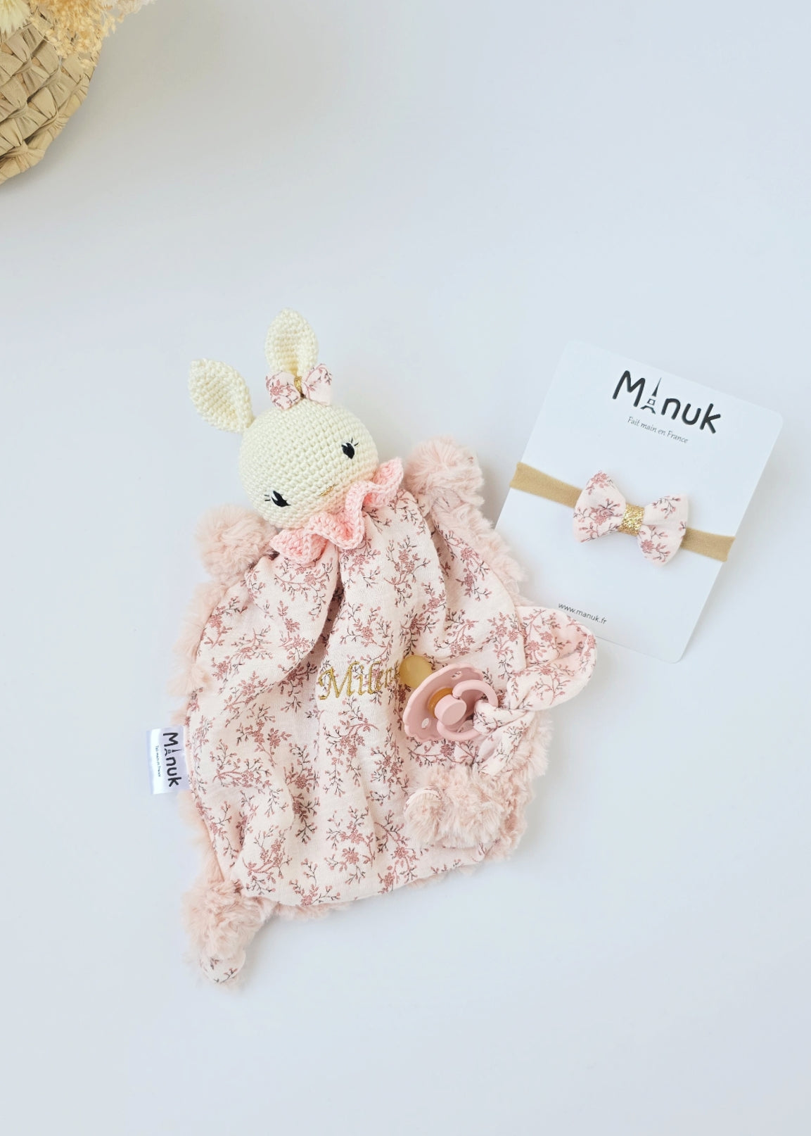 Coffret Naissance Doudou Lapin Personnalisé Doudou attache tétine Bandeau Bébé
