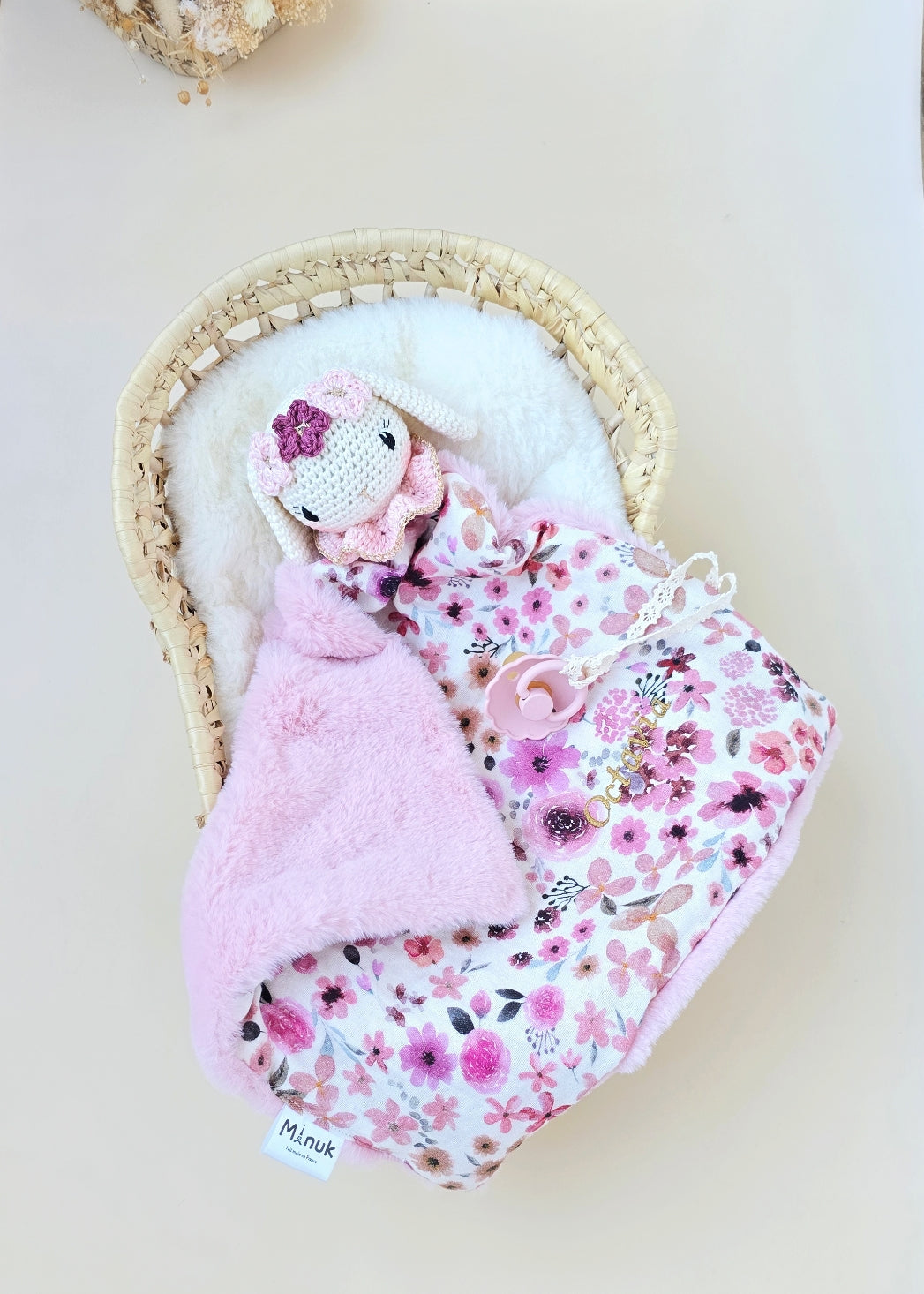 Doudou Lapin avec Couronne Fleurie Doudou - Attache tétine Personnalisé
