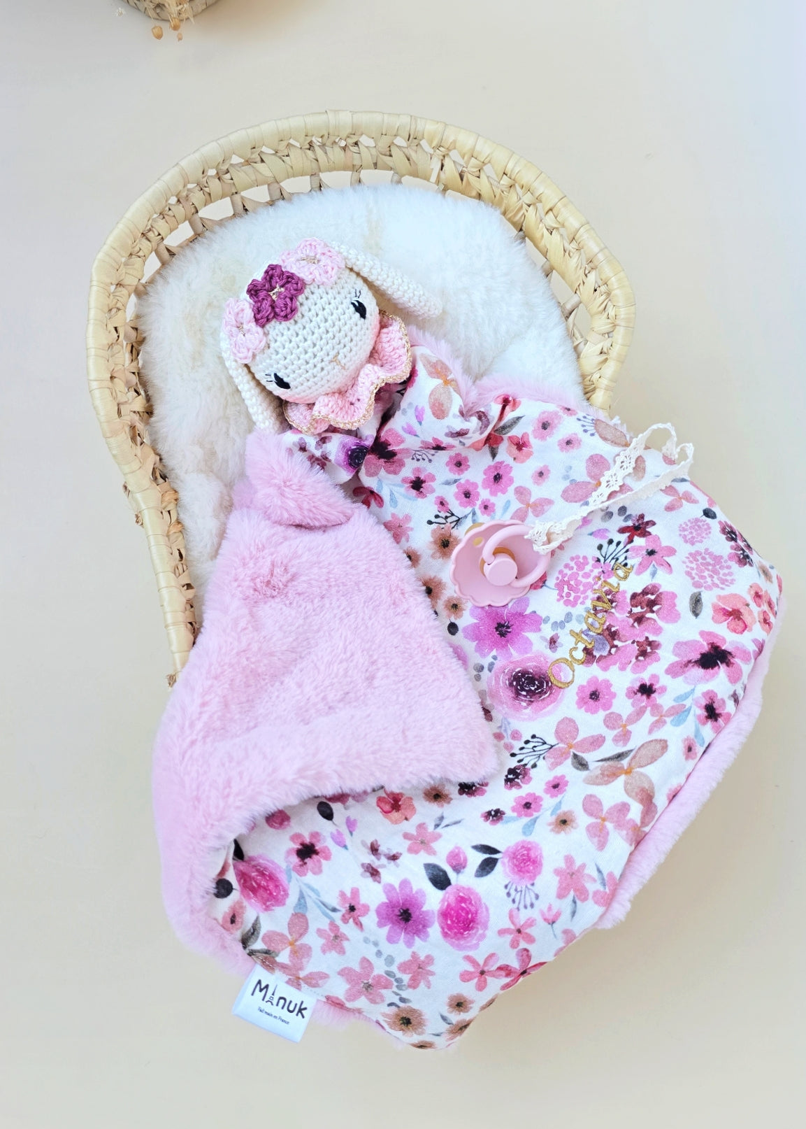 Doudou Lapin avec Couronne Fleurie Doudou - Attache tétine Personnalisé