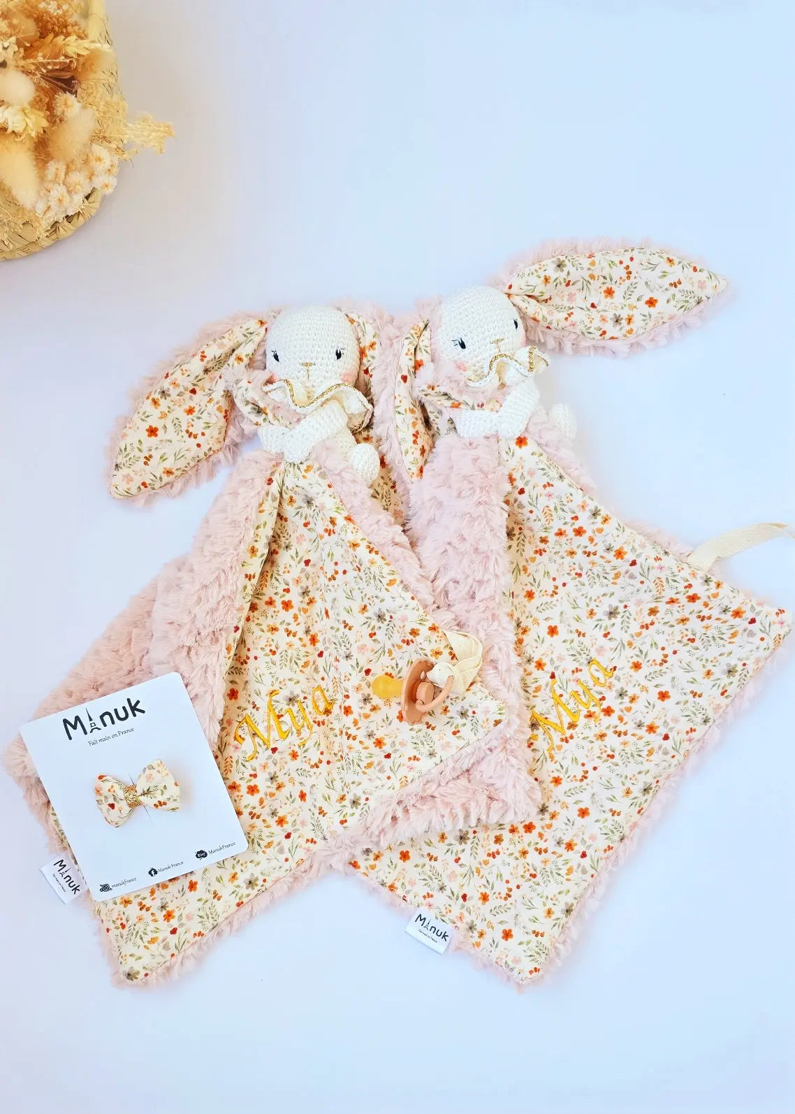 Coffret Naissance Bébé Doudou Lapinou Nœud cheveux MANUK FRANCE