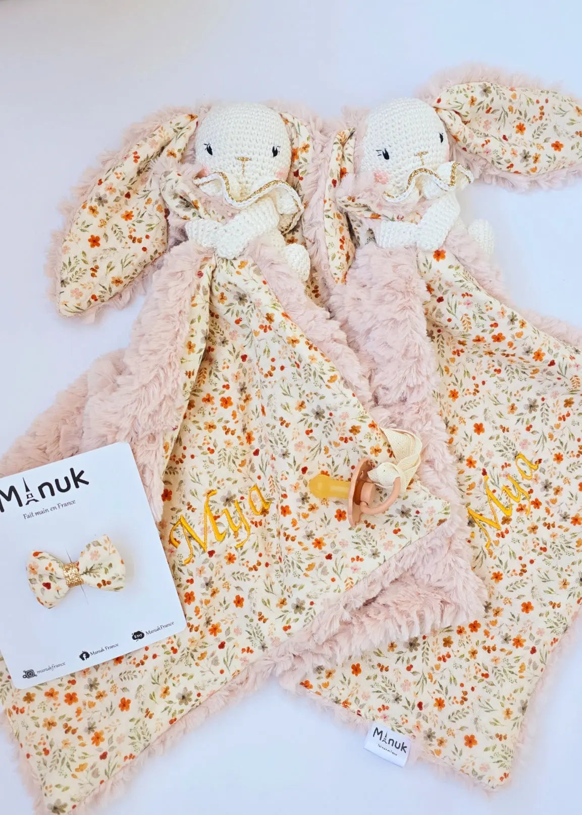 Coffret Naissance Bébé Doudou Lapinou Nœud cheveux MANUK FRANCE