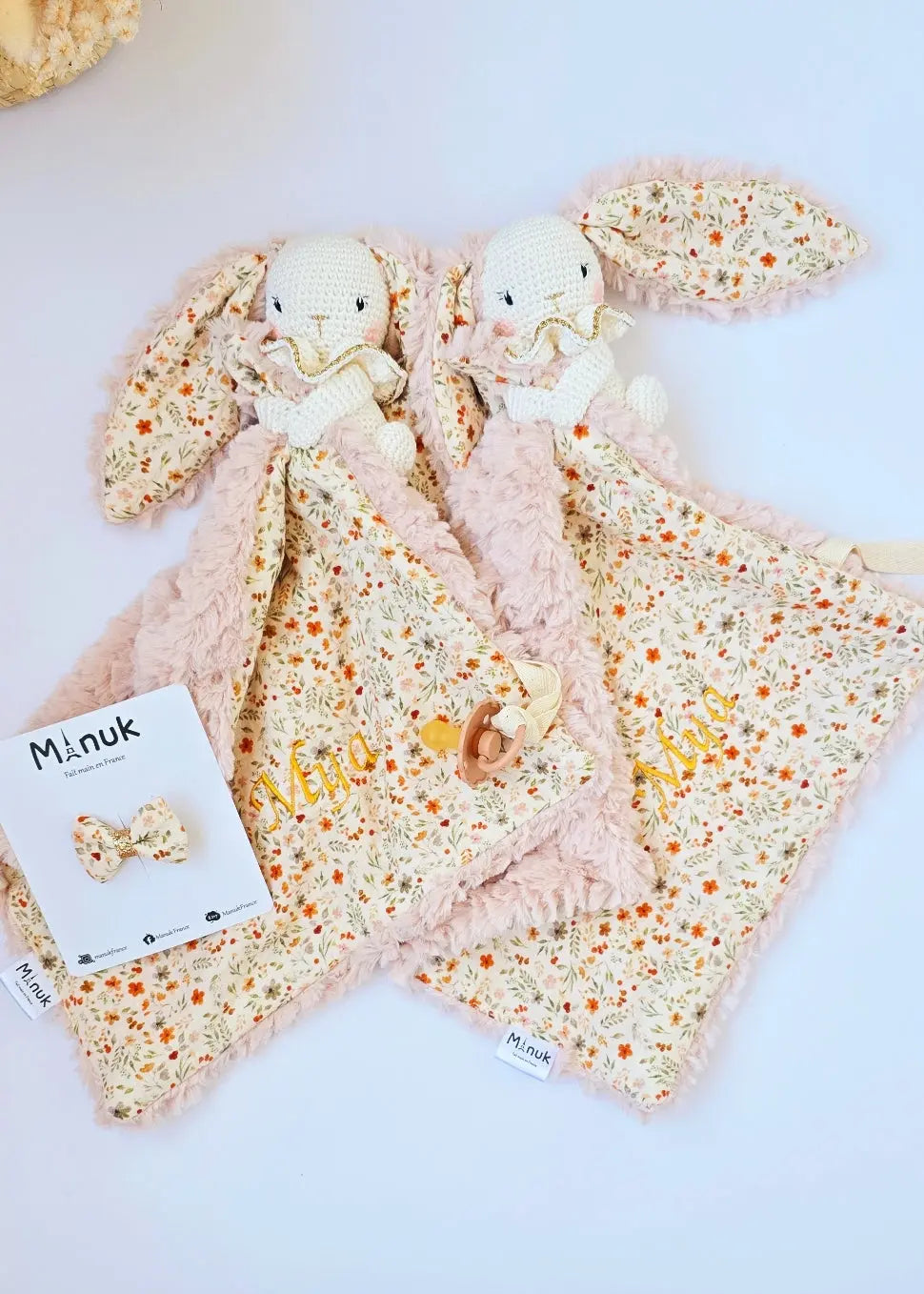 Coffret Naissance Bébé Doudou Lapinou Nœud cheveux MANUK FRANCE