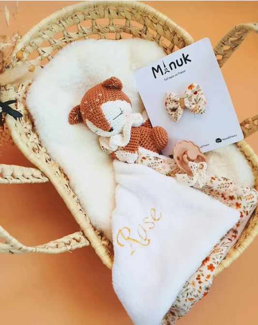 Coffret Naissance Doudou Attache tétine Renard Personnalisé Nœud cheveux MANUK FRANCE