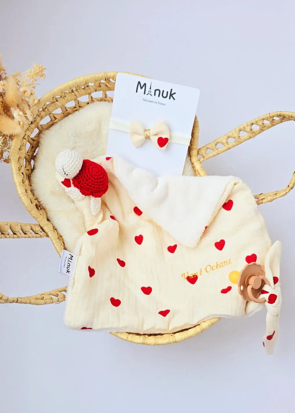Coffret naissance Doudou tortue Bandeau cheveux MANUK FRANCE