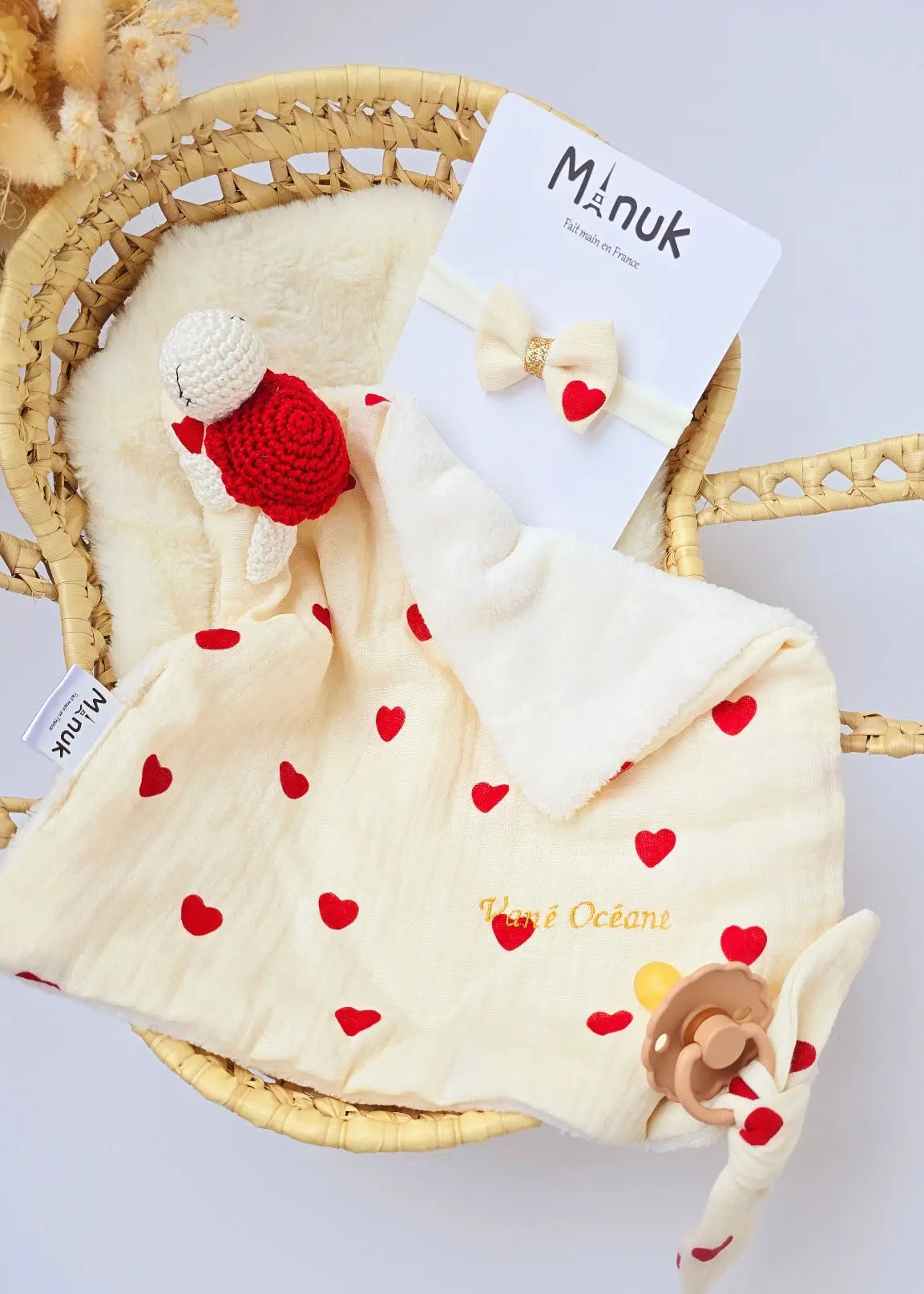 Coffret naissance Doudou tortue Bandeau cheveux MANUK FRANCE