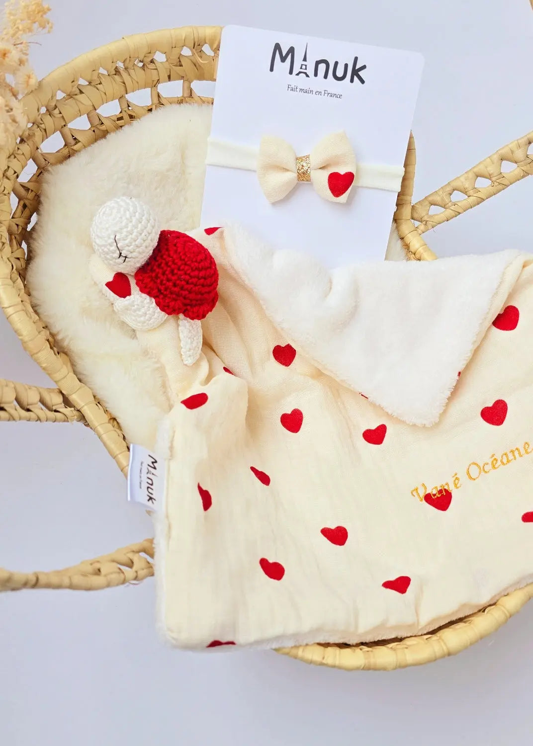 Coffret naissance Doudou tortue Bandeau cheveux MANUK FRANCE