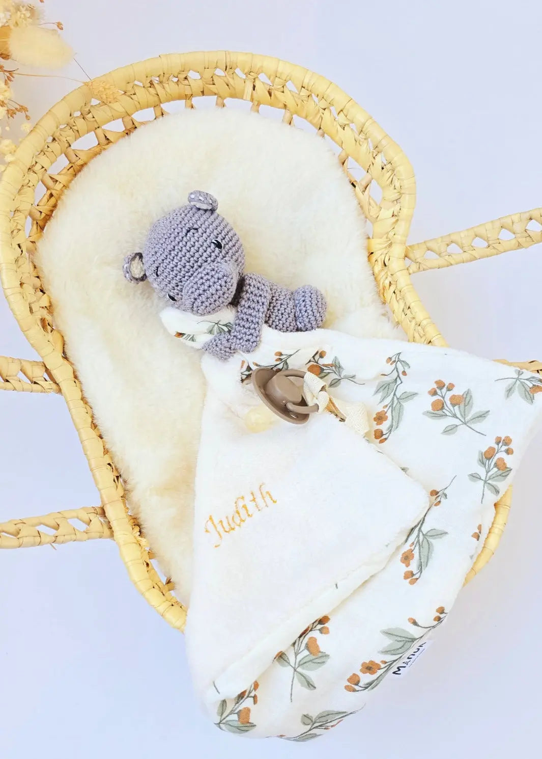 Doudou Bola Attache tétine Hippopotame Personnalisé MANUK FRANCE