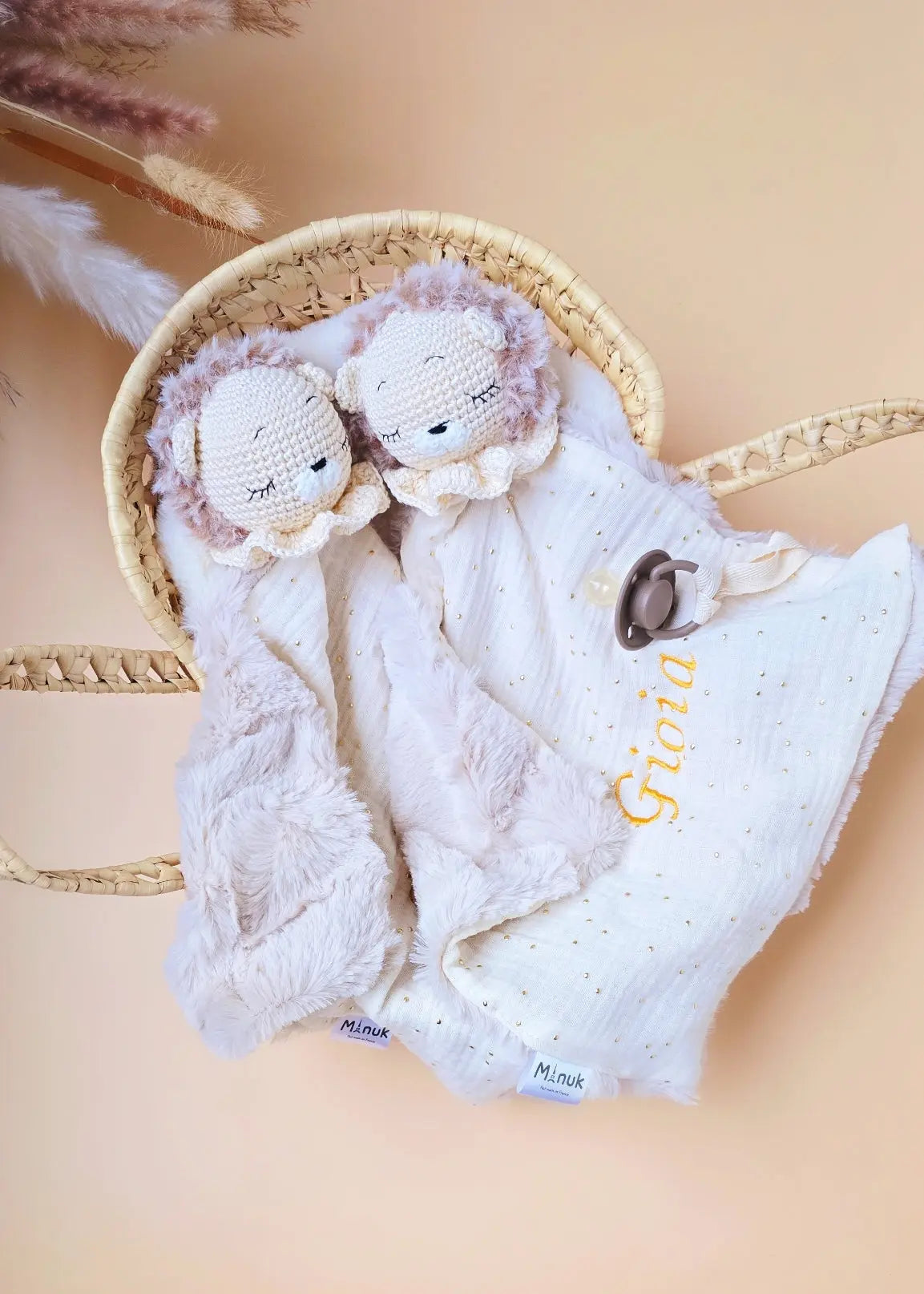 Doudou attache tétine Lion Personnalisé MANUK FRANCE