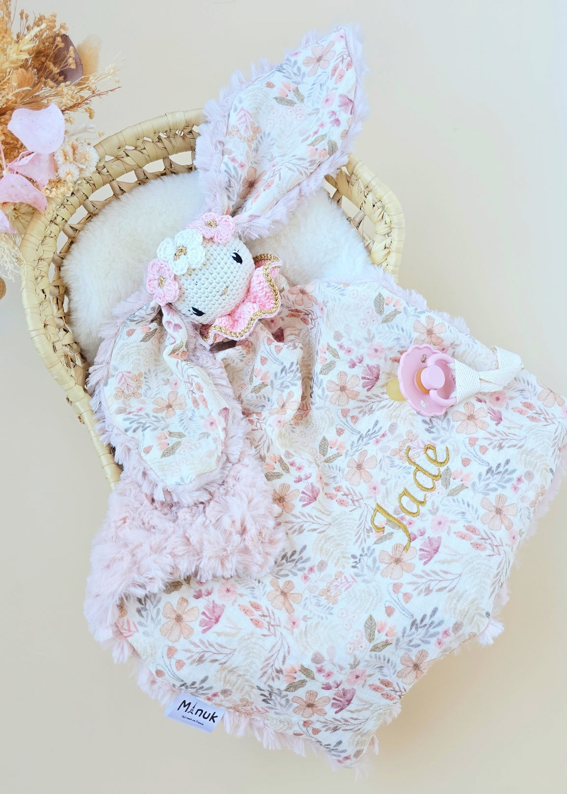 Doudou lapin à couronne fleurie personnalisé