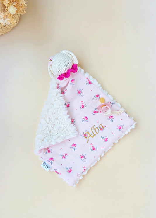 Doudou lapin fleuri personnalisé