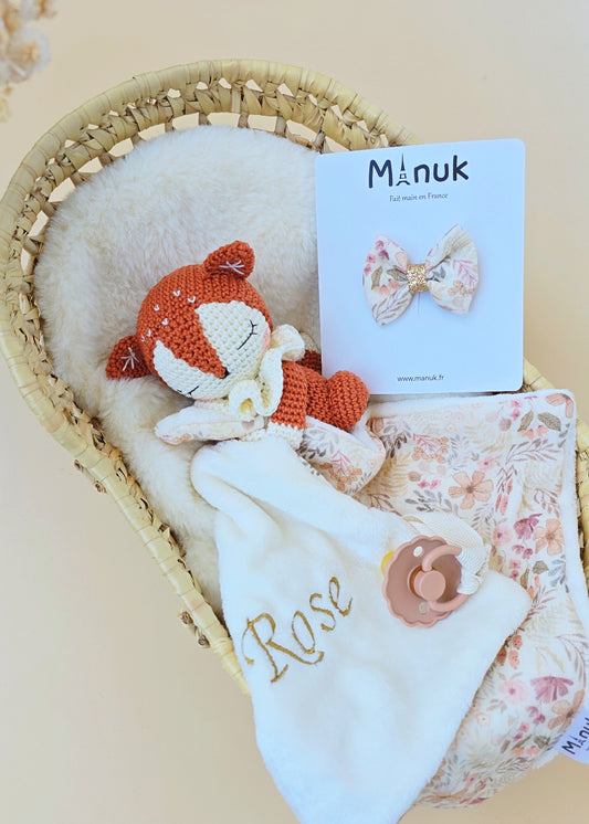 Coffret Naissance Doudou Attache tétine Renard Personnalisé Nœud cheveux
