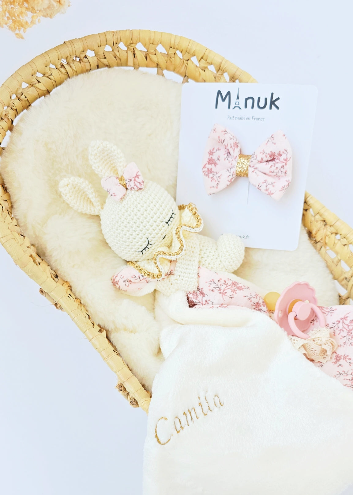 Coffret Naissance Personnalisé Doudou Lapin Noeud cheveux