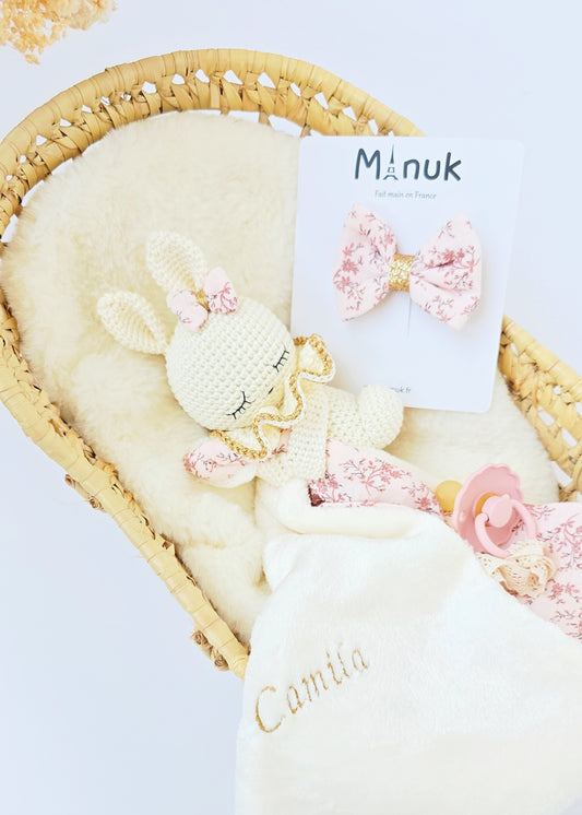 Coffret Naissance Personnalisé Doudou Lapin Noeud cheveux