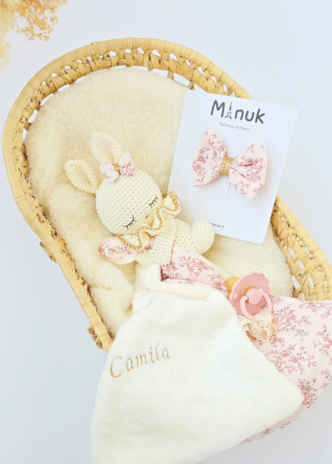 Coffret Naissance Personnalisé Doudou Lapin Noeud cheveux
